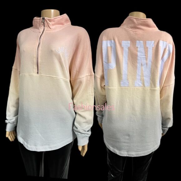 Victorias Secret Pink Varsity 1/2 Zip Oversized Sweatshirt Ombre Medium - Picture 2 of 6